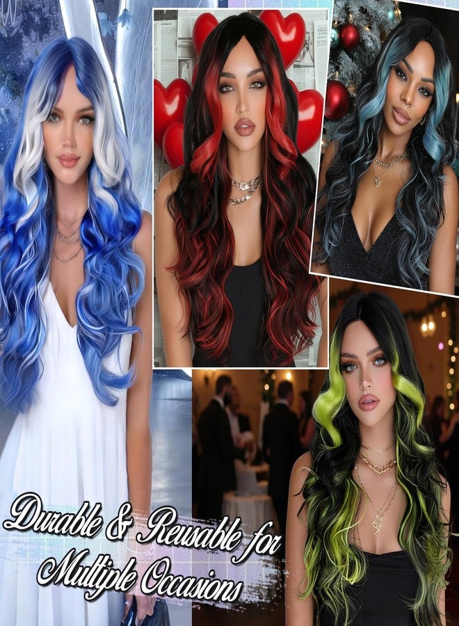 BARSDAR Black Teal Blue Highlight Long Wavy Wig with Curtain Bangs – 28 Inch Teal Blue Black Ombre Highlight Calico Wig for Women – Natural Looking Thick Soft Synthetic Party Halloween Gothic Costume - Image 5